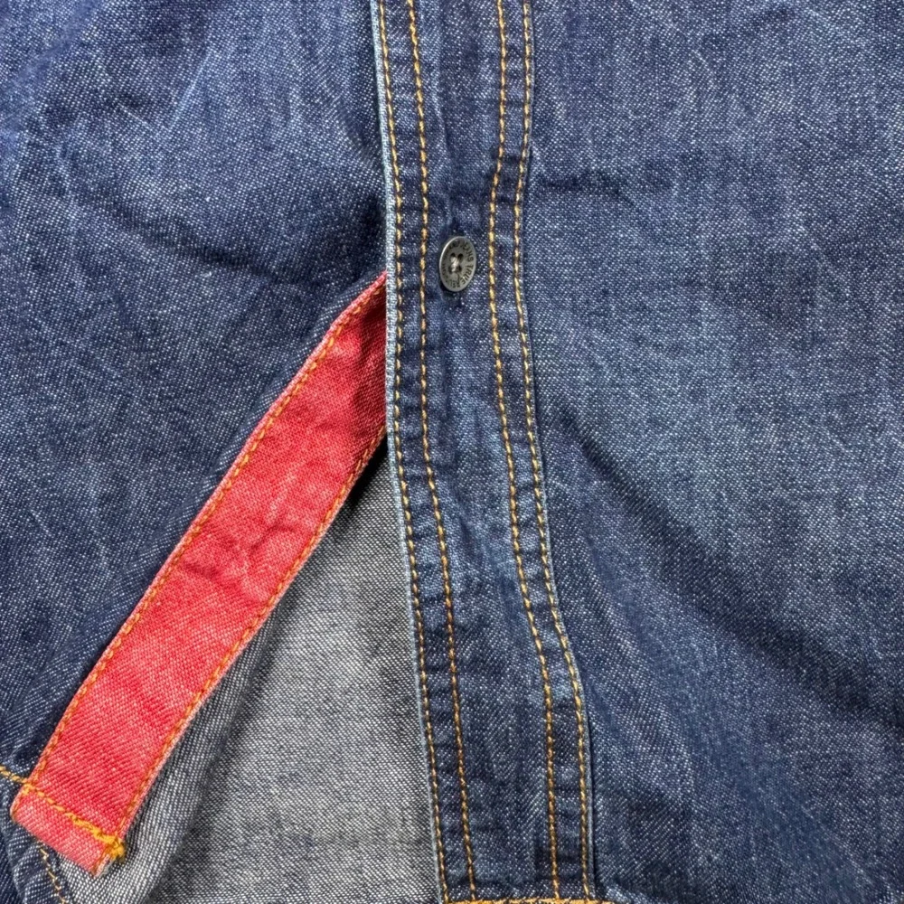 True Religion Mens LS Western Denim Button Down Shirt Blue Red Trim Large